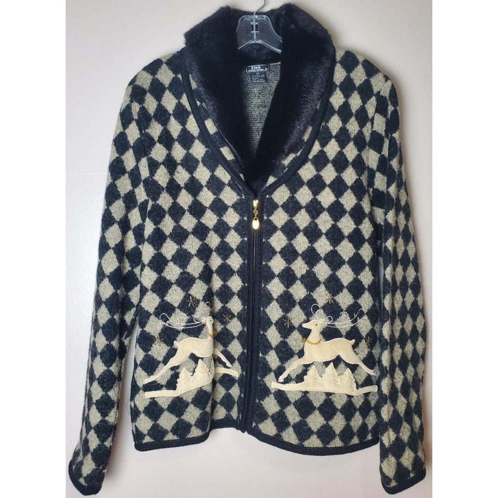 Vintage Lisa Boiled Wool Diamond Reindeer Fur Collar Medium Christmas Sweater - Picture 2 of 11